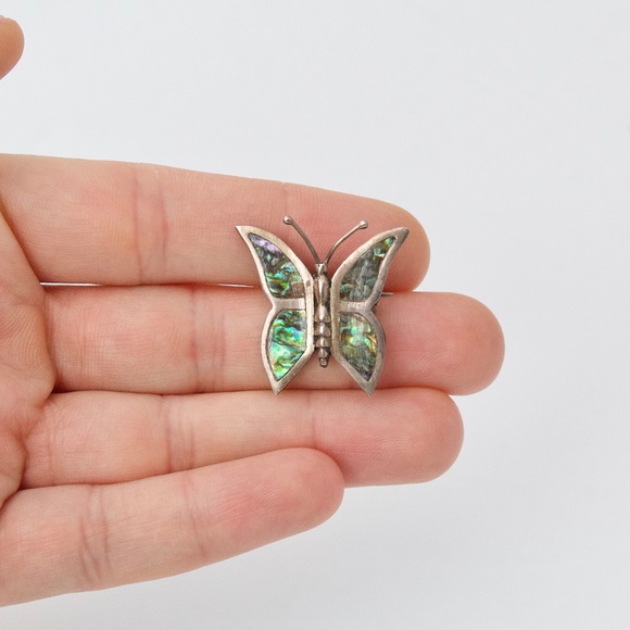 Vintage Abalone Shell Inlay Sterling Silver Butterfly Brooch Pin ECF 925 Mexico - Picture 5 of 5